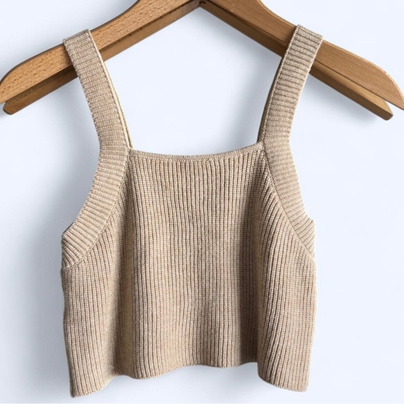 Zara Womens Tan Ribbed Knitted Summer Beach Cute Crop Tank Top Small - Picture 1 of 9